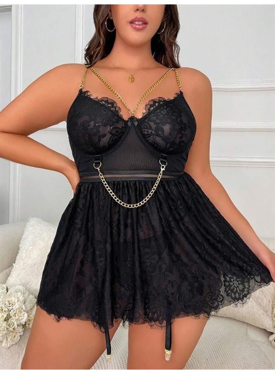 Özel Tasarım Büyük Beden Fantezi Zincir Detaylı Dantelli Gecelik