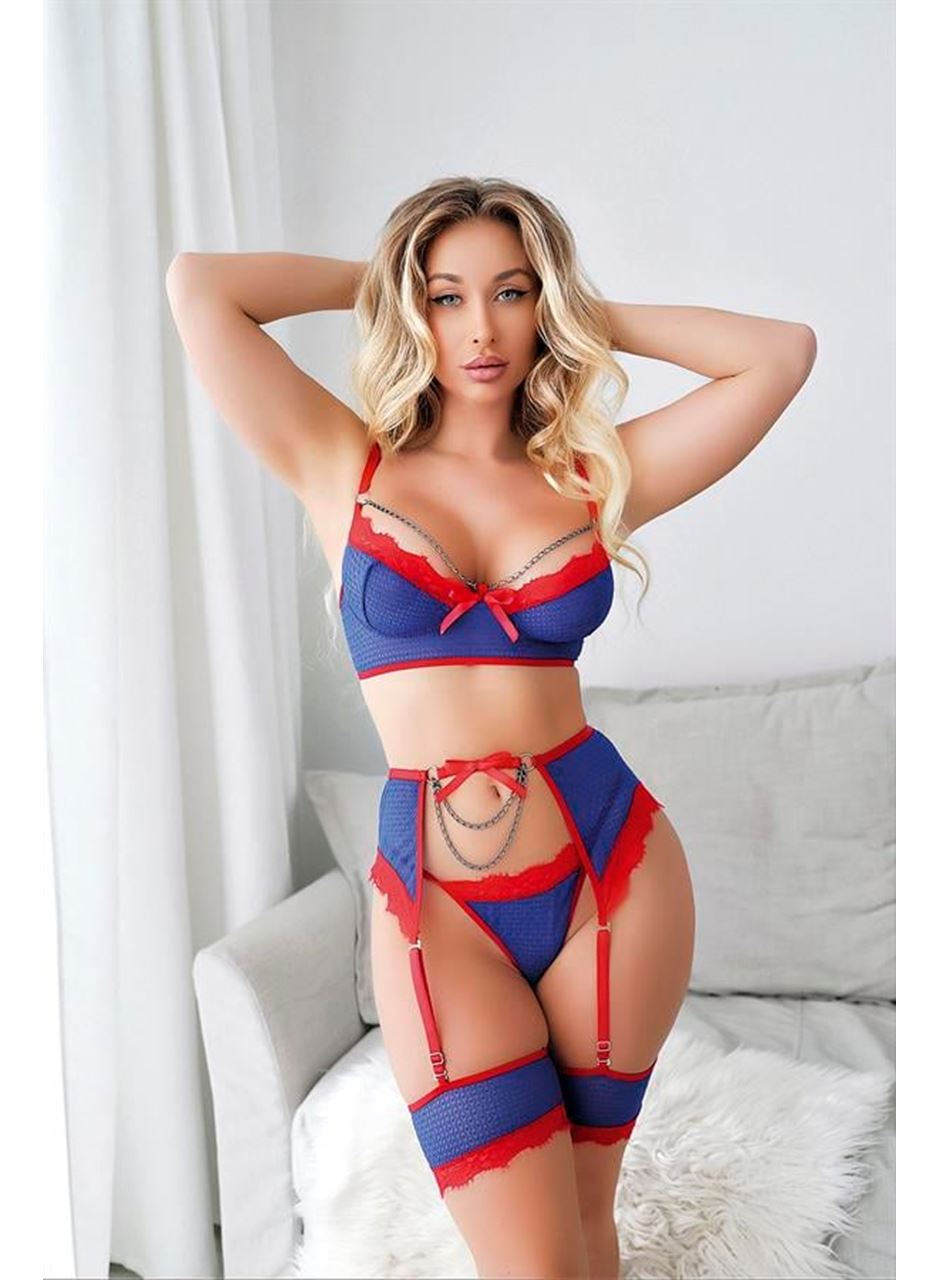 Mavi Kırmızı Zincir Detaylı Fantezi Sütyen Külot Jartiyer Takım
