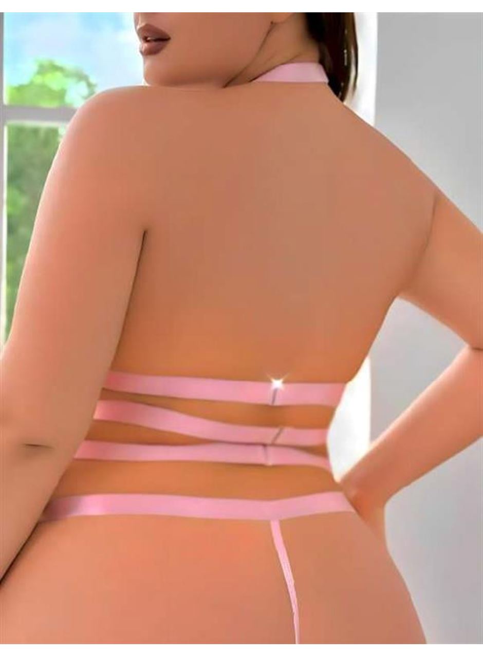 Büyük Beden Pembe Dantel İşlemeli Zincir Detaylı Jartiyer Takımı