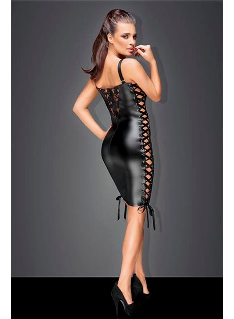 Siyah Dantel İşlemeli Fantezi Deri Elbise