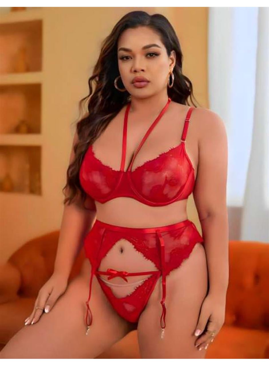 Büyük Beden Kırmızı Dantel İşlemeli İpli Fantezi Jartiyer Takımı