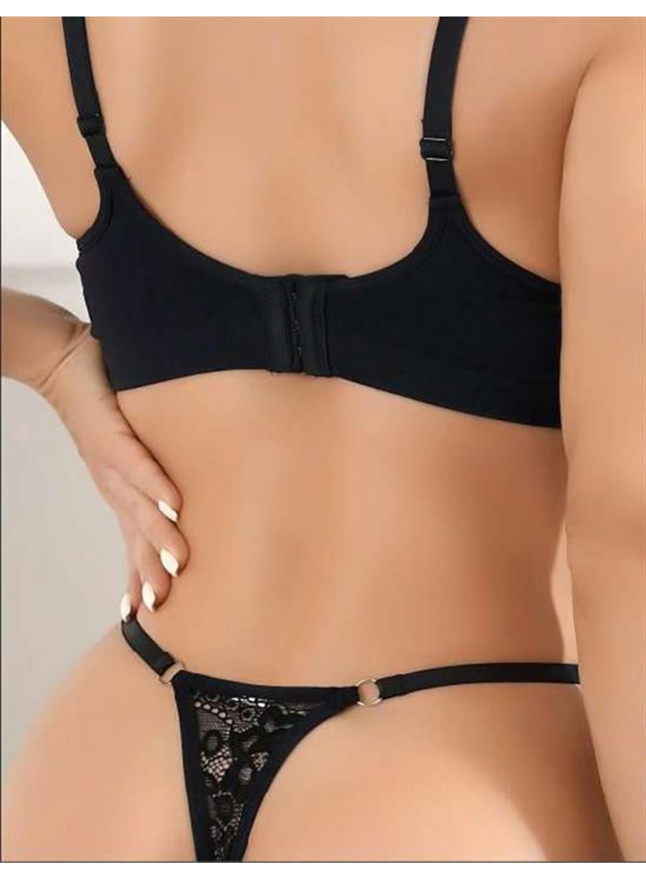 Siyah Bacak Bantlı Dantelli Fantezi String Tanga