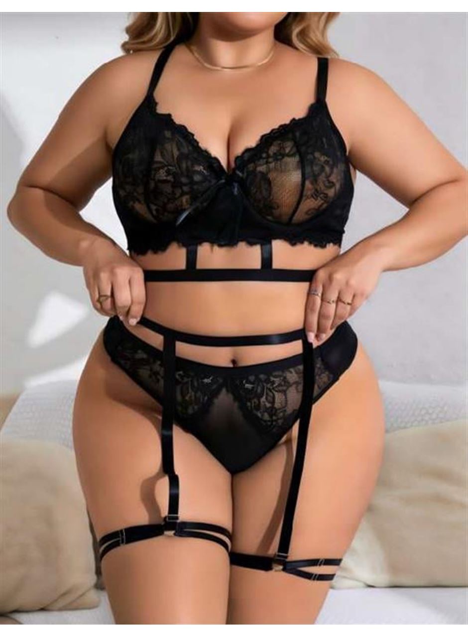 Büyük Beden Siyah Dantel İşlemeli İpli Fantezi Jartiyer Takımı