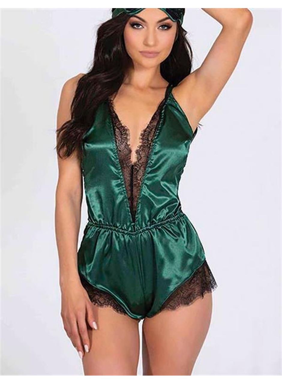 Yeşil Dantelli Sırtı Çapraz Saten Şort Tulum