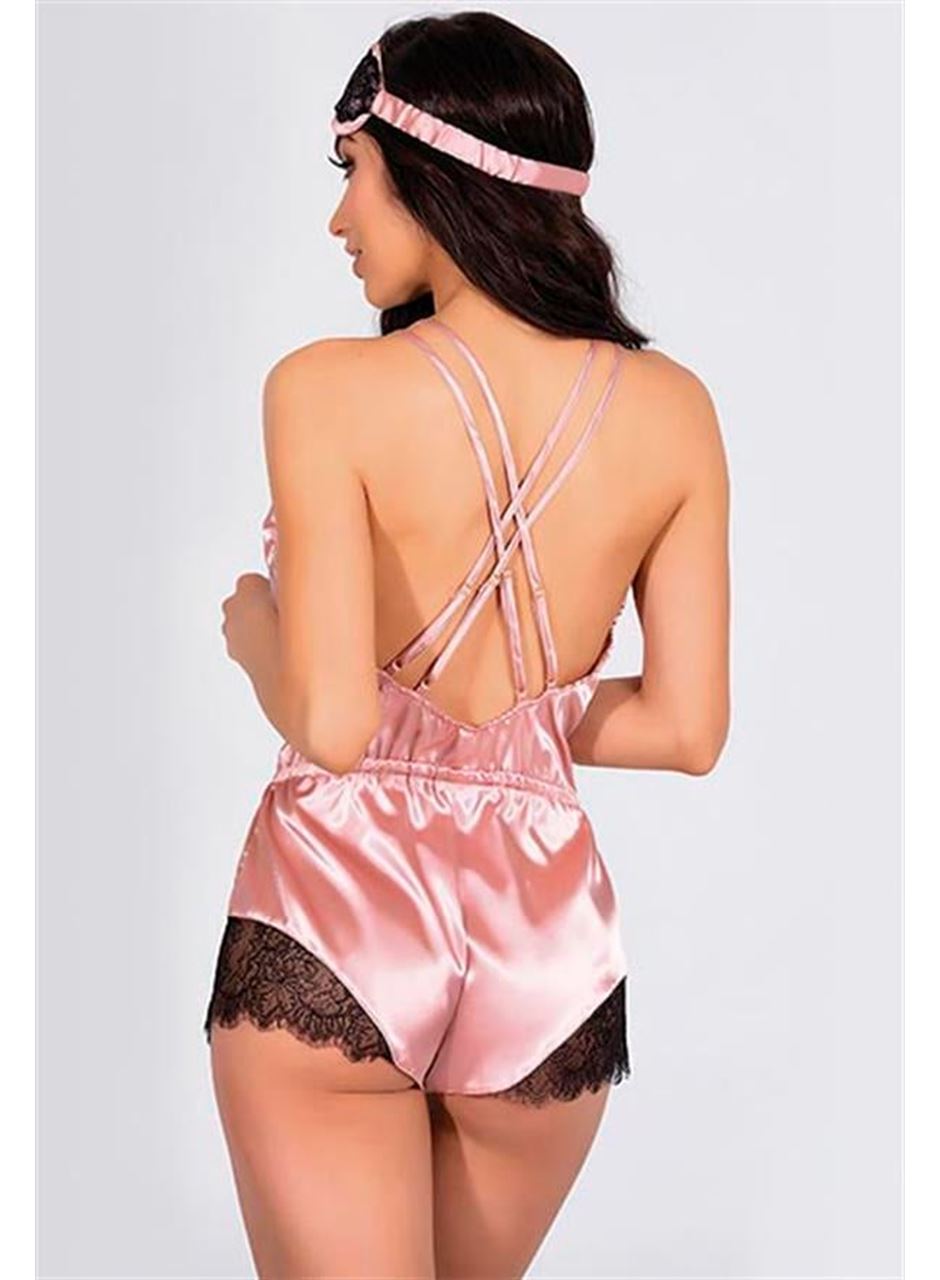 Pembe Dantelli Sırtı Çapraz Saten Şort Tulum
