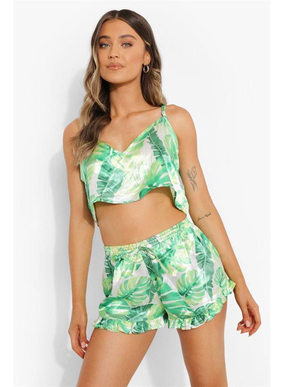 Yeşil Fırfırlı Şortlu Pijama Takımı