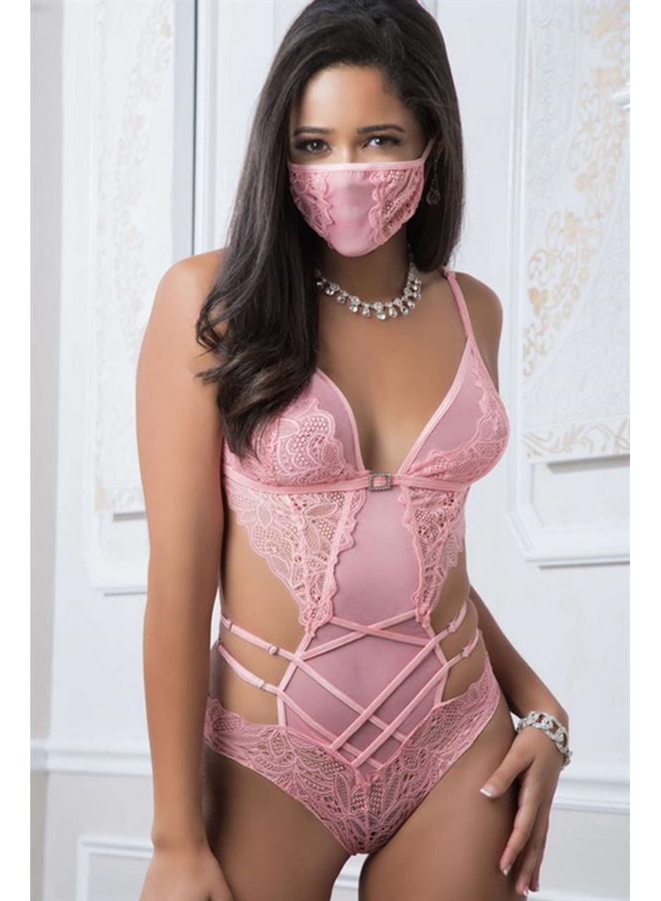 Pembe Dantel İşlemeli Maskeli Fantezi Body