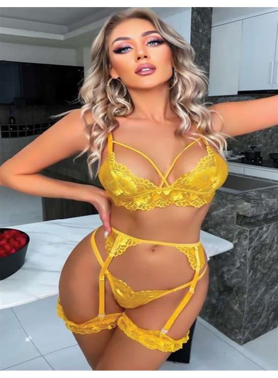 Sarı Göğüs İp Detaylı Fantezi Jartiyer Takım