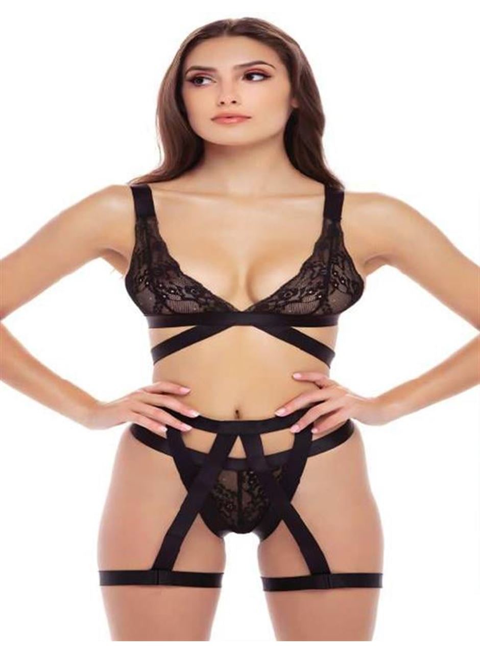 Siyah İp Aksesuarlı Fantezi Jartiyer Takım