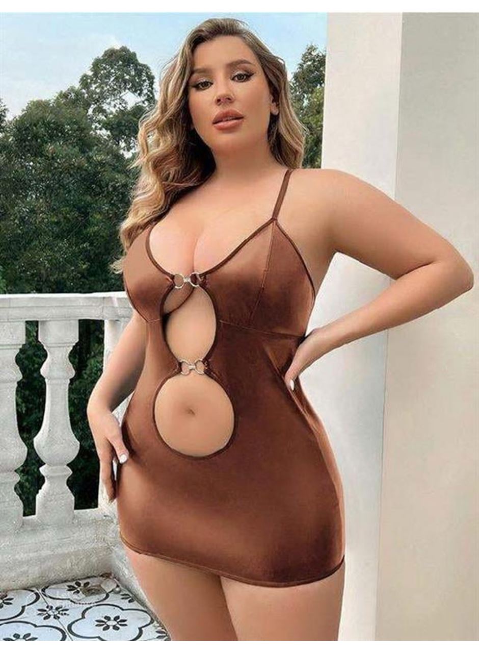 Büyük Beden Kahverengi Deri Metal Aksesuarlı Fantezi Elbise