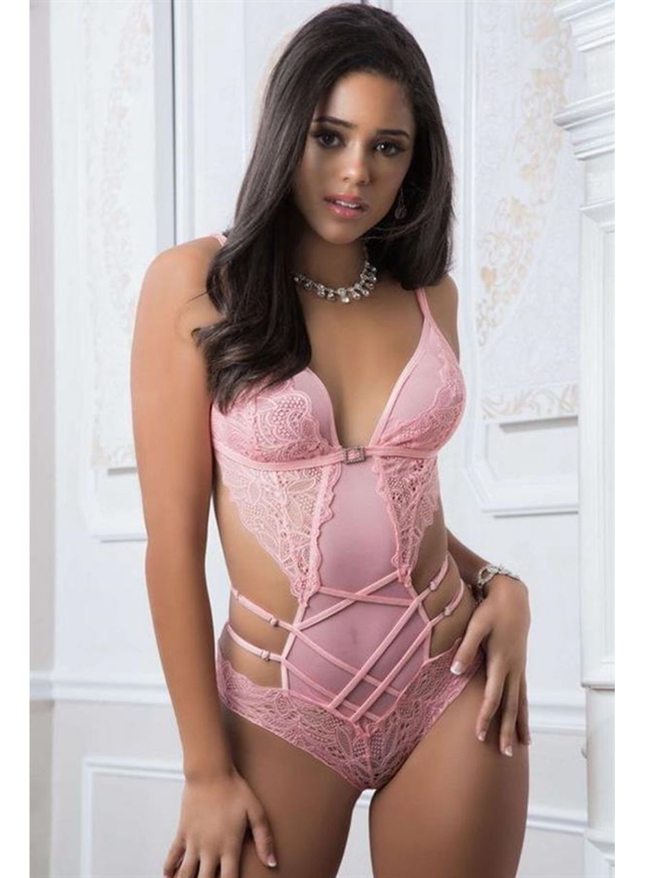 Pembe Dantel İşlemeli Maskeli Fantezi Body