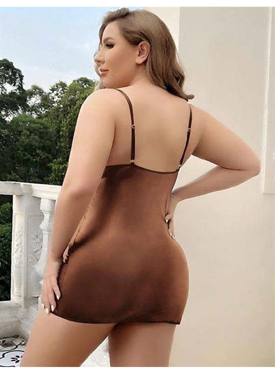 Büyük Beden Kahverengi Deri Metal Aksesuarlı Fantezi Elbise