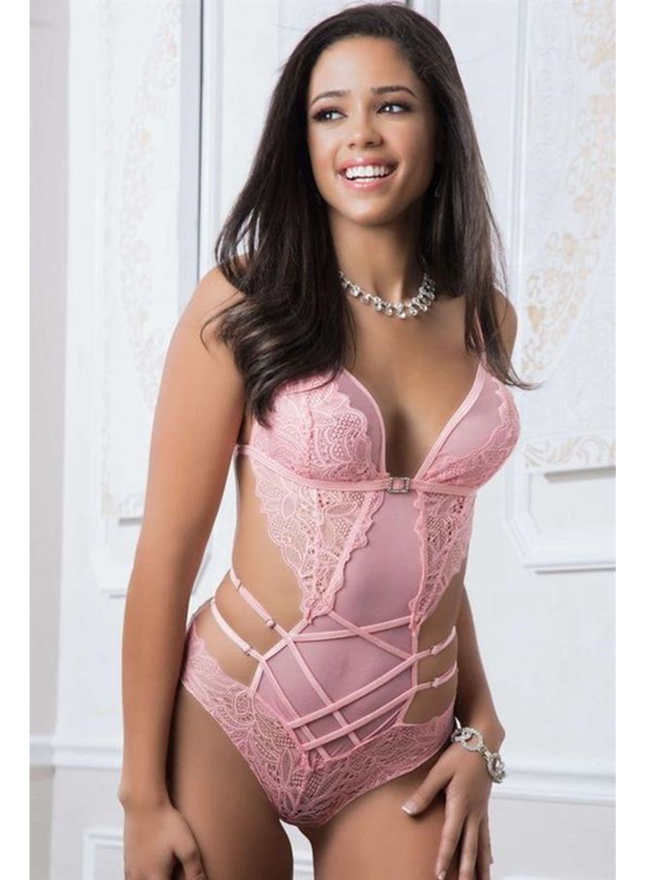 Pembe Dantel İşlemeli Maskeli Fantezi Body