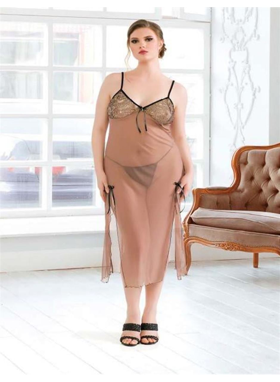 Büyük Beden Kahverengi Tül Fantezi Uzun Yırtmaçlı Gecelik