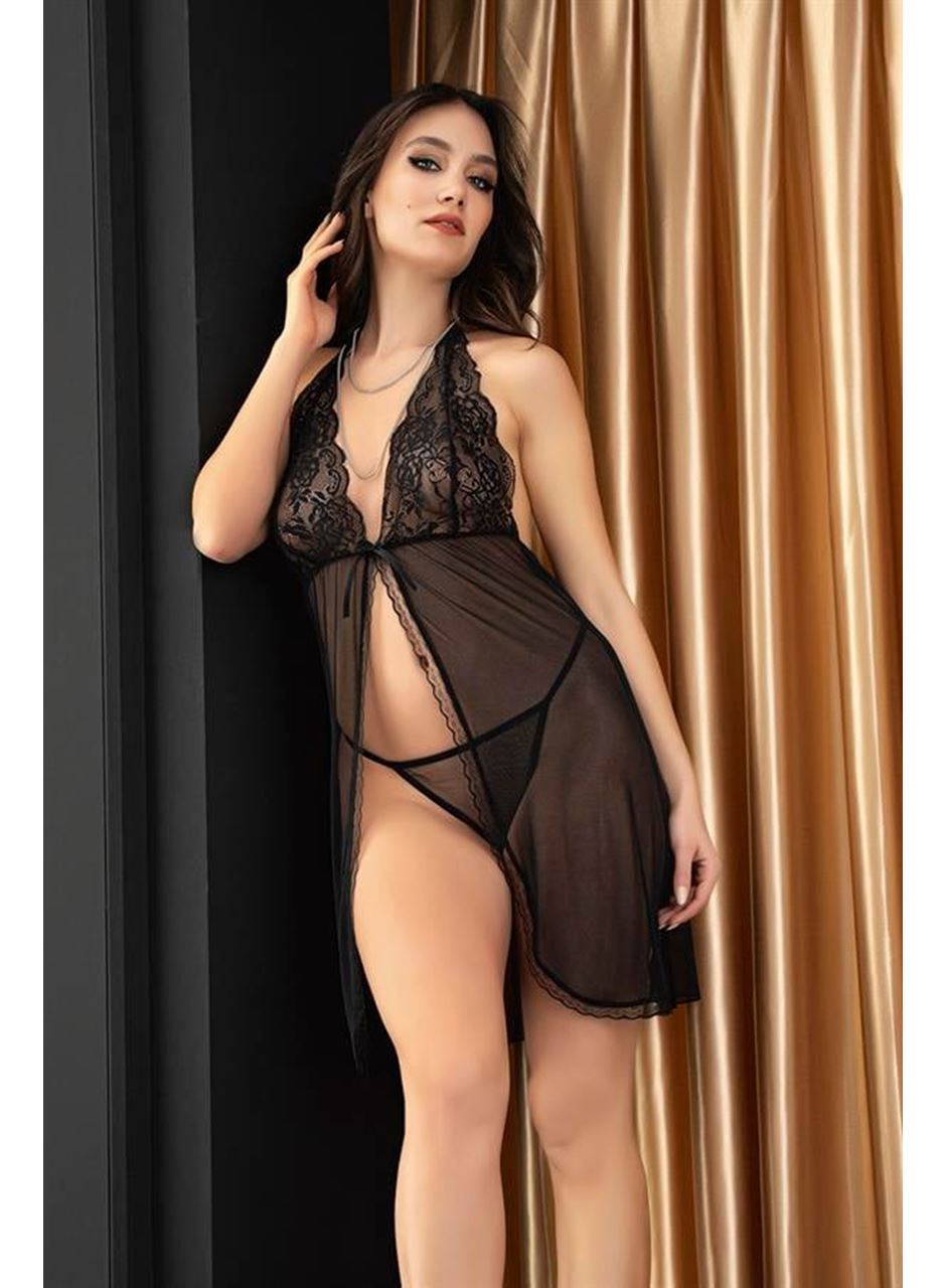 Siyah Dantel İşlemeli Boyundan Bağlamalı Önden Yırtmaçlı Fantezi Tül Gecelik Takımı