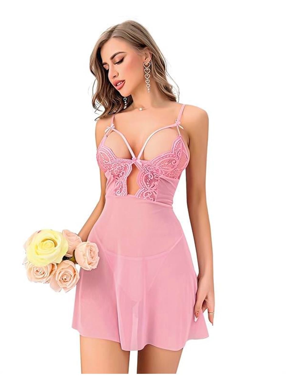 Pembe Dantel İşlemeli Göğüs İp Detaylı Fantezi Tül Gecelik Takımı