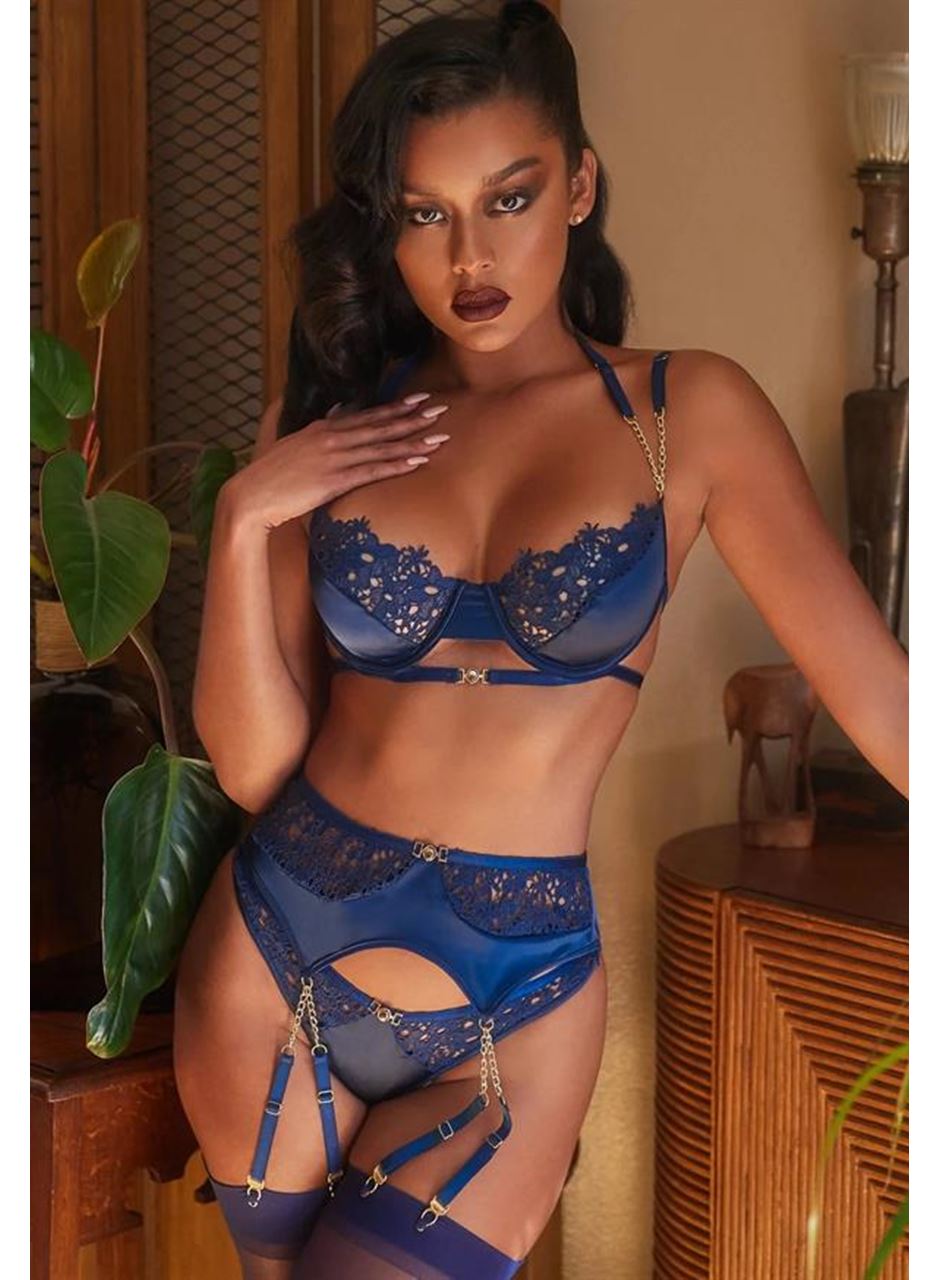 Mavi Dantel İşlemeli Zincir Detaylı Fantezi Jartiyer Takımı