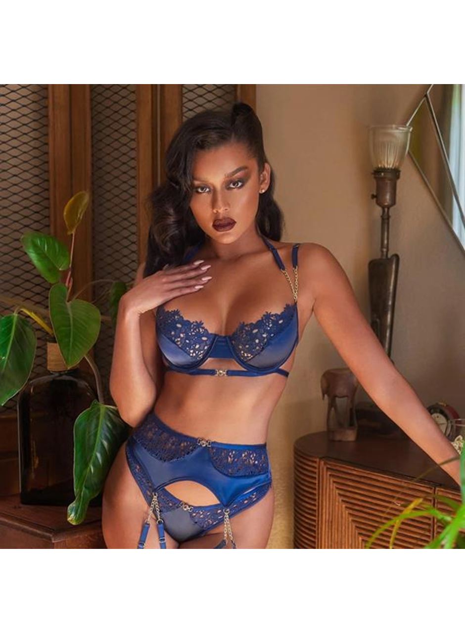 Mavi Dantel İşlemeli Zincir Detaylı Fantezi Jartiyer Takımı