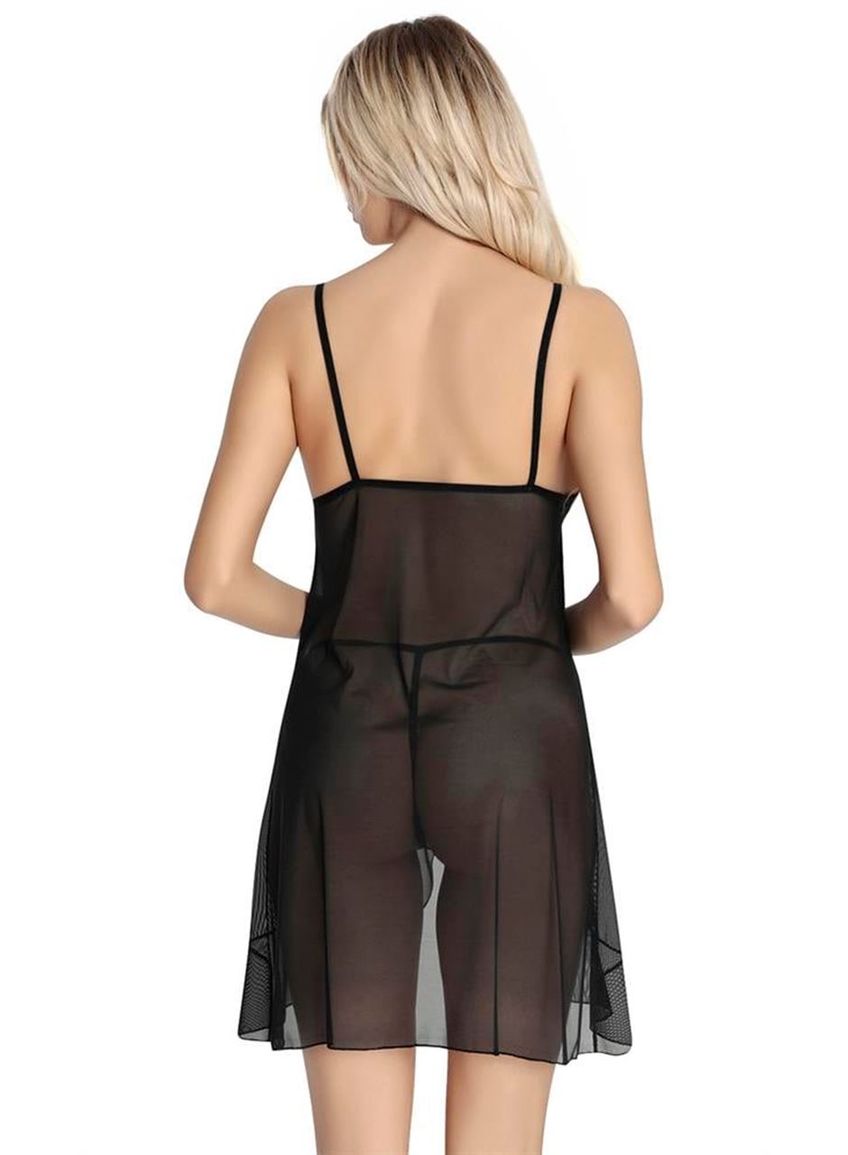 Siyah Dantel İşlemeli Göğüs İp Detaylı Fantezi Tül Gecelik