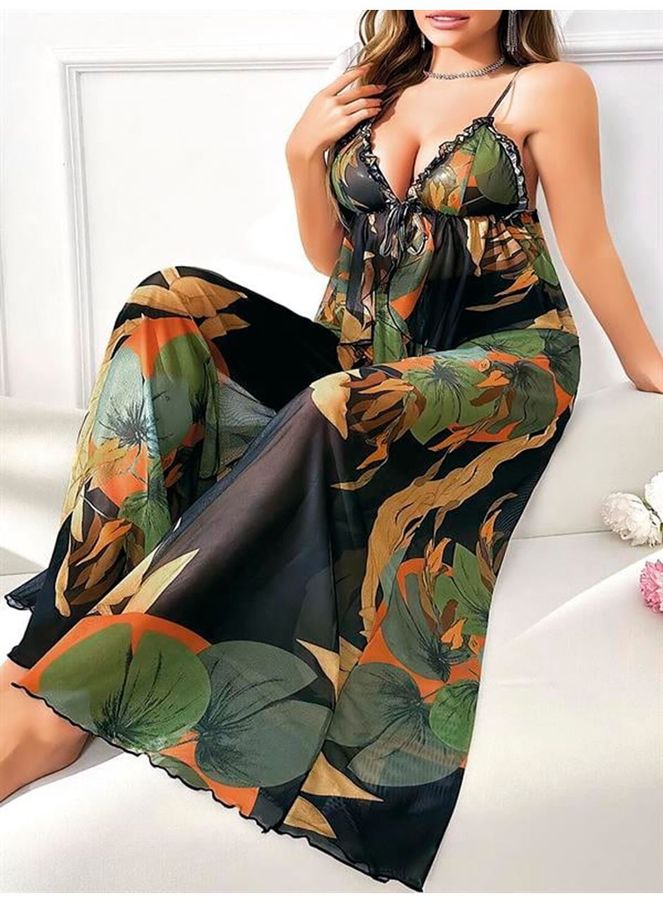 Büyük Beden Renkli Desenli İnce Askılı Salaş 2'li Takım