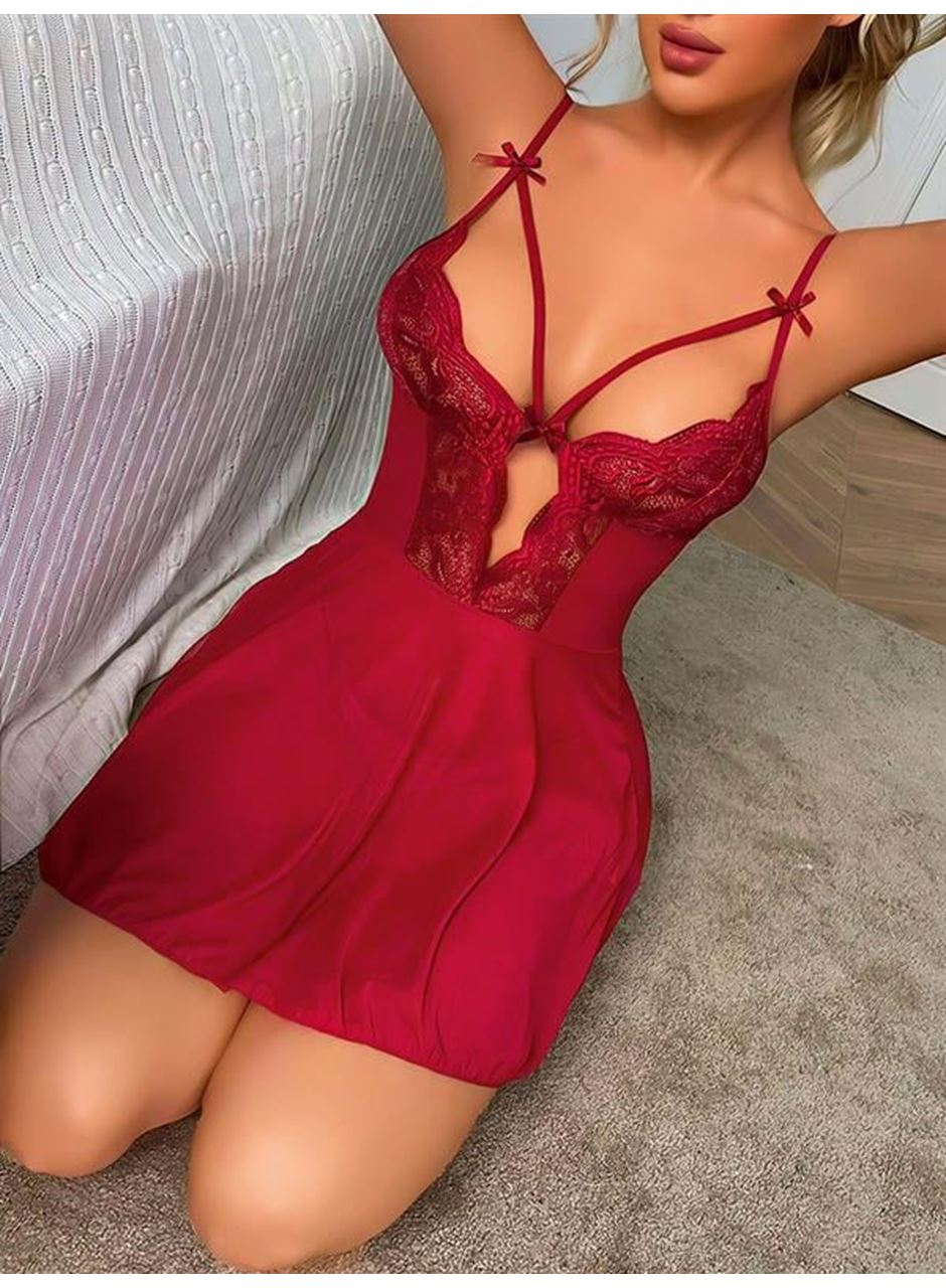 Bordo Dantel İşlemeli Göğüs İp Detaylı Fantezi Tül Gecelik Takımı