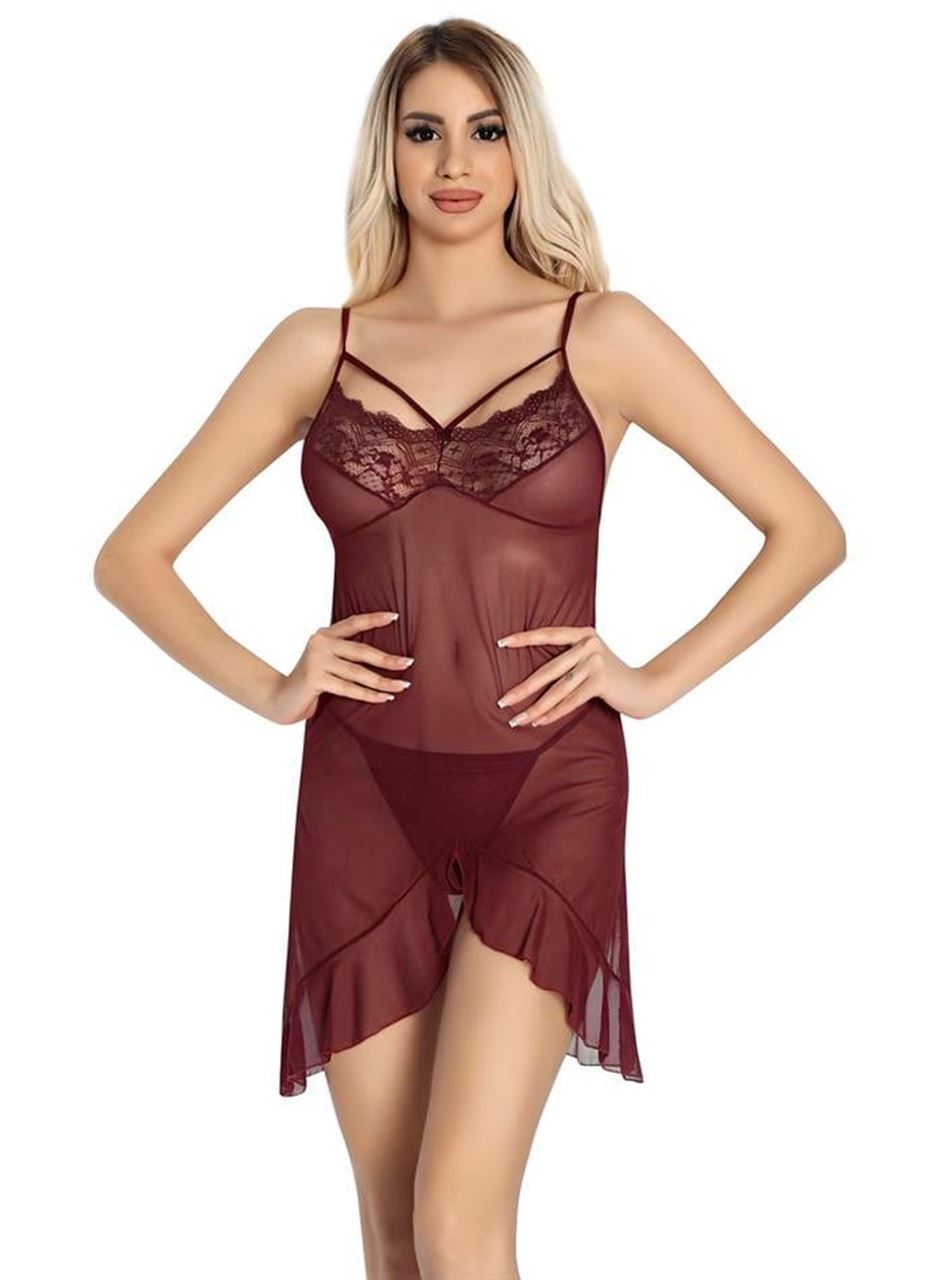 Bordo Dantel İşlemeli Göğüs İp Detaylı Fantezi Tül Gecelik