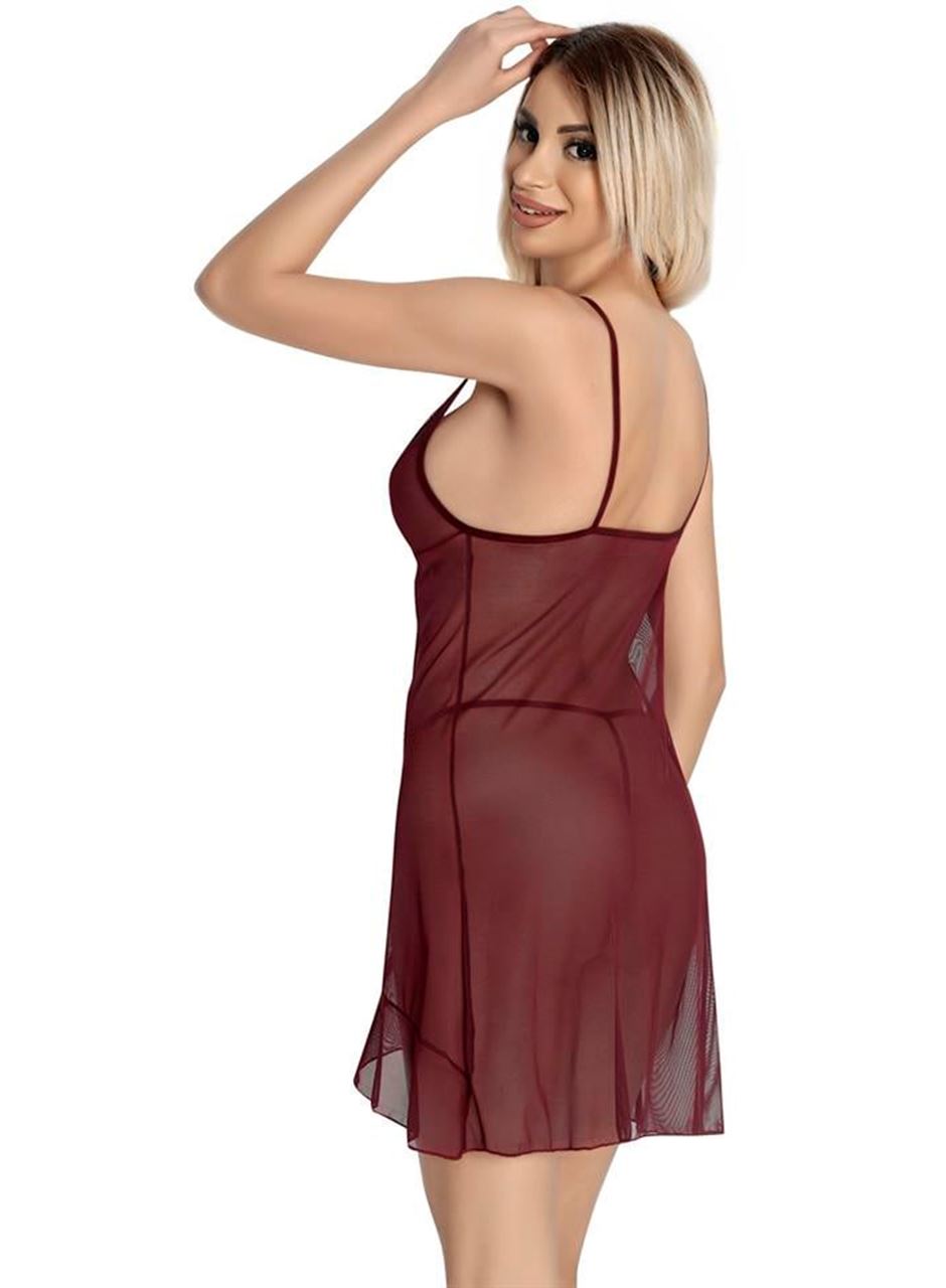 Bordo Dantel İşlemeli Göğüs İp Detaylı Fantezi Tül Gecelik