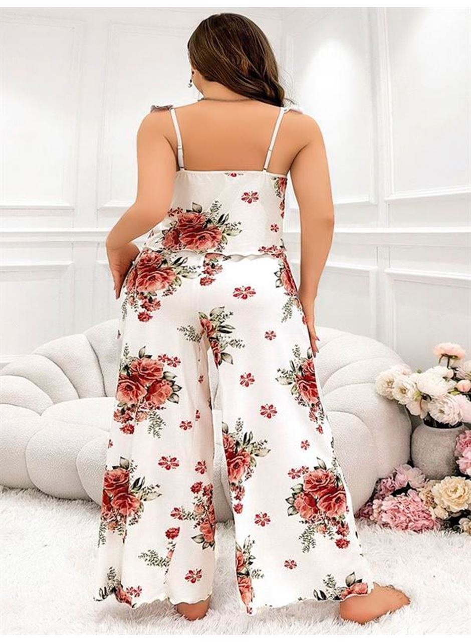 Büyük Beden Gül Desenli İnce Askılı Beyaz Salaş 2'li Takım