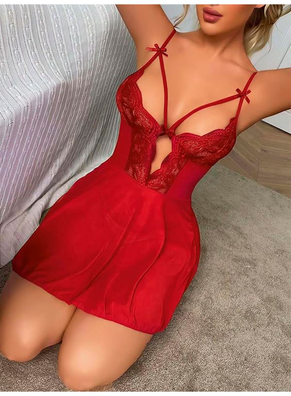 Kırmızı Dantel İşlemeli Göğüs İp Detaylı Fantezi Tül Gecelik Takımı