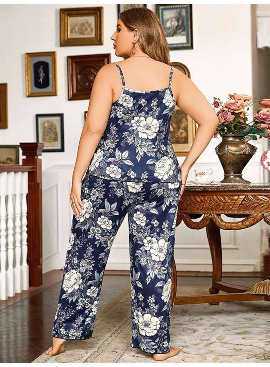 Büyük Beden Çiçek Desenli İnce Askılı Lacivert 2'li Takım