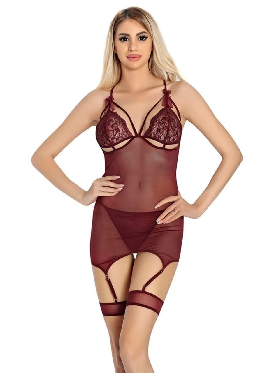 Bordo Dantel İşlemeli Göğüs İp Detaylı Fantezi Jartiyer Takımı