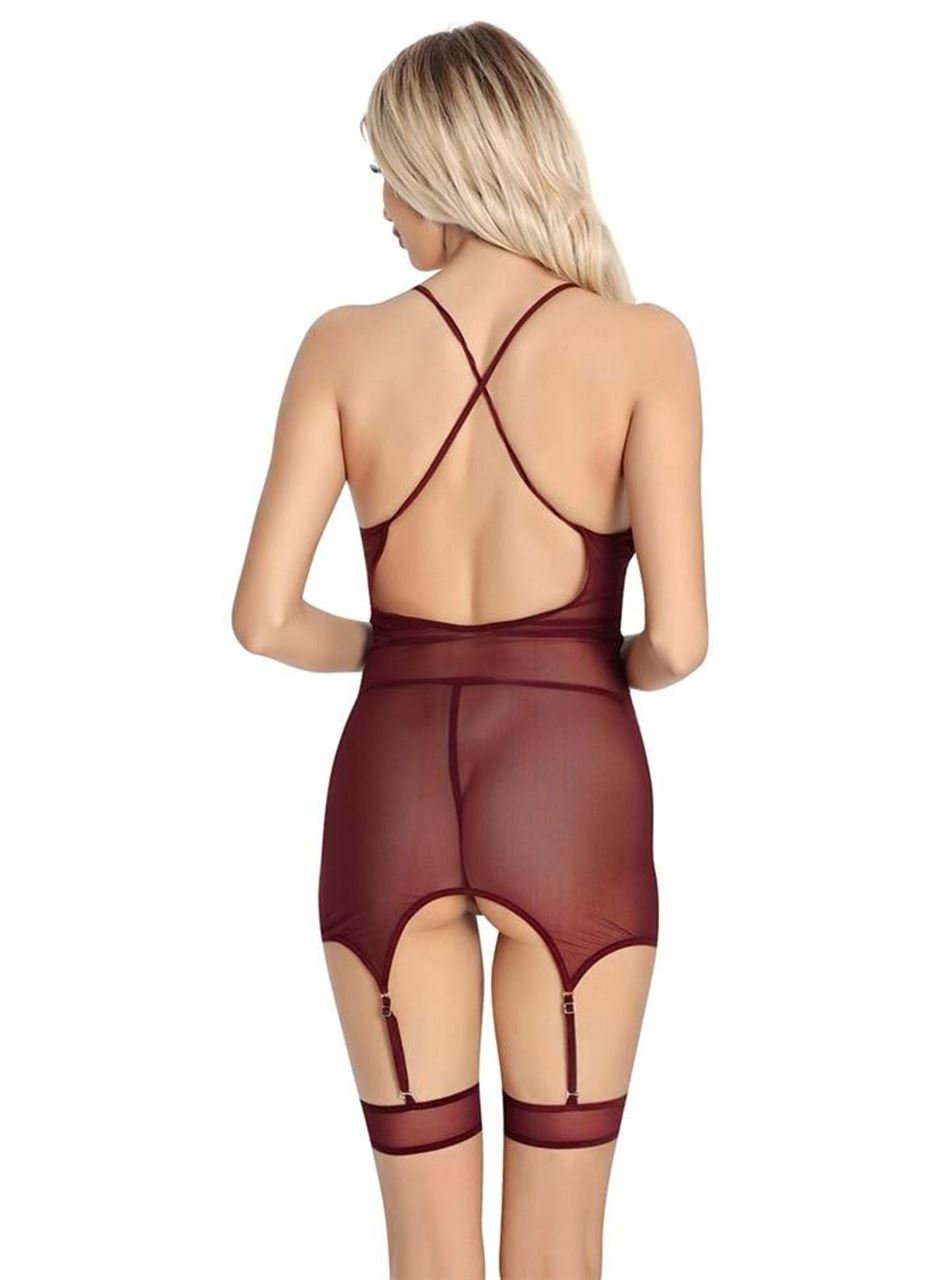 Bordo Dantel İşlemeli Göğüs İp Detaylı Fantezi Jartiyer Takımı