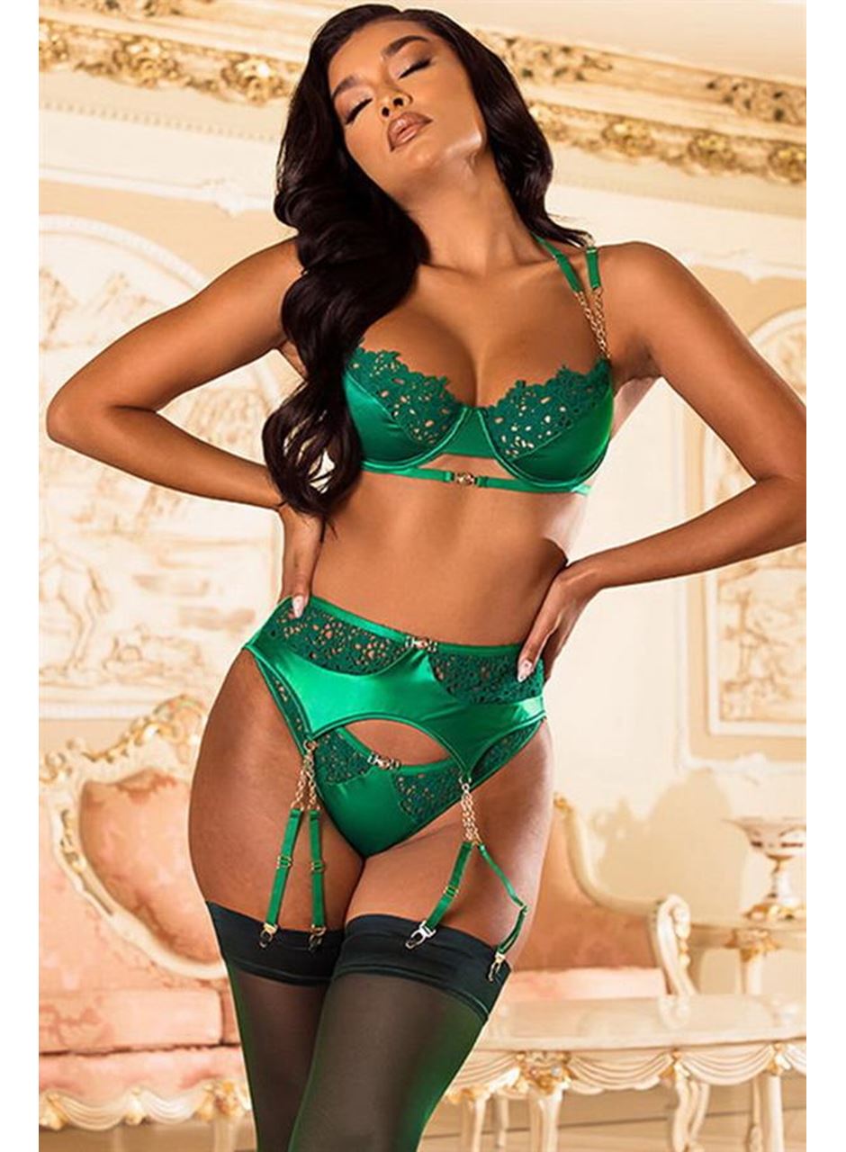 Yeşil Dantel İşlemeli Zincir Detaylı Fantezi Jartiyer Takımı