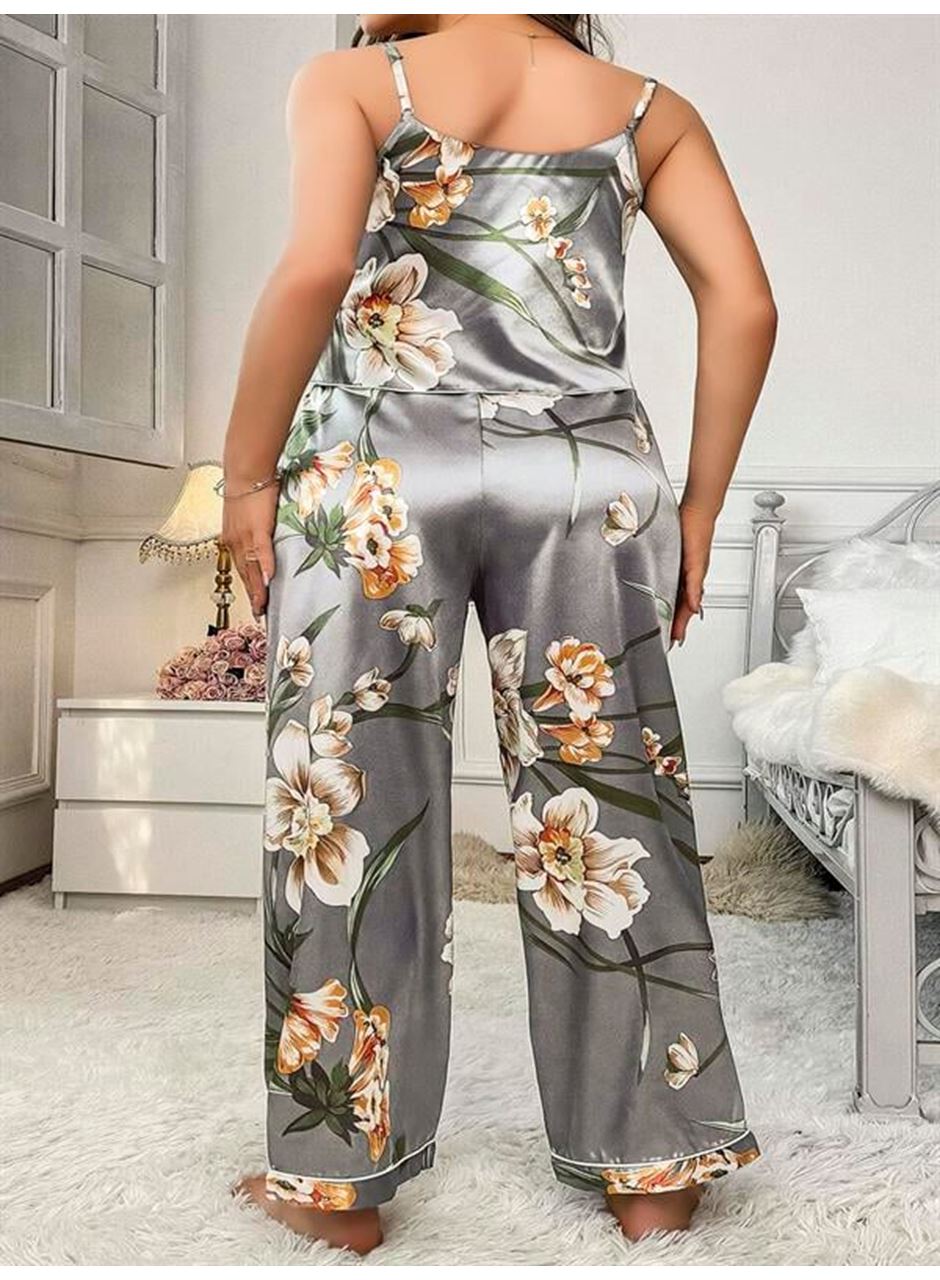 Büyük Beden Çiçek Desenli İnce Askılı Gri 2'li Takım