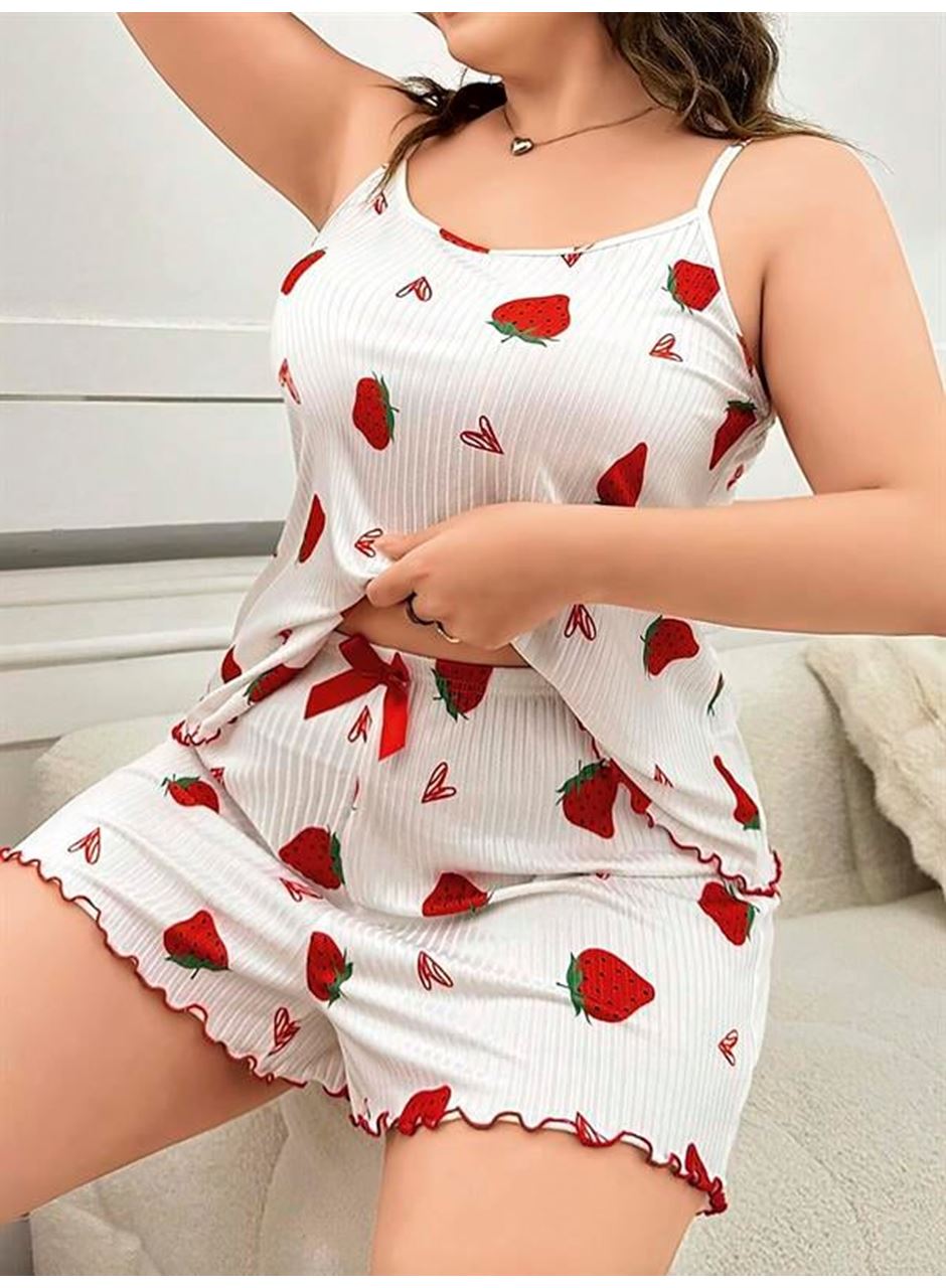 Büyük Beden Çilek Desen Pamuklu Şortlu Pijama Takımı