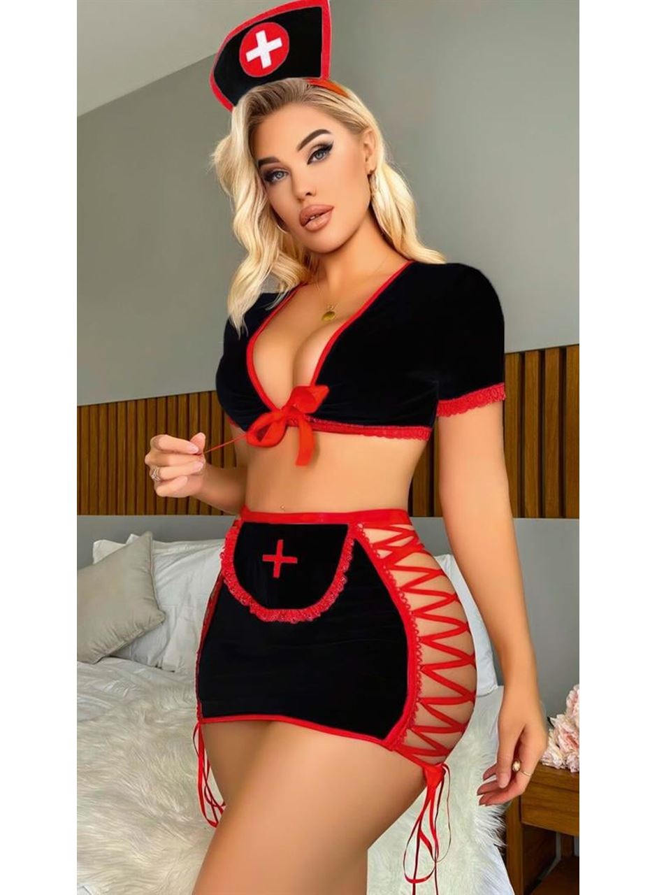 Siyah Kenarları İp Detaylı Fantezi Hemşire Kostüm