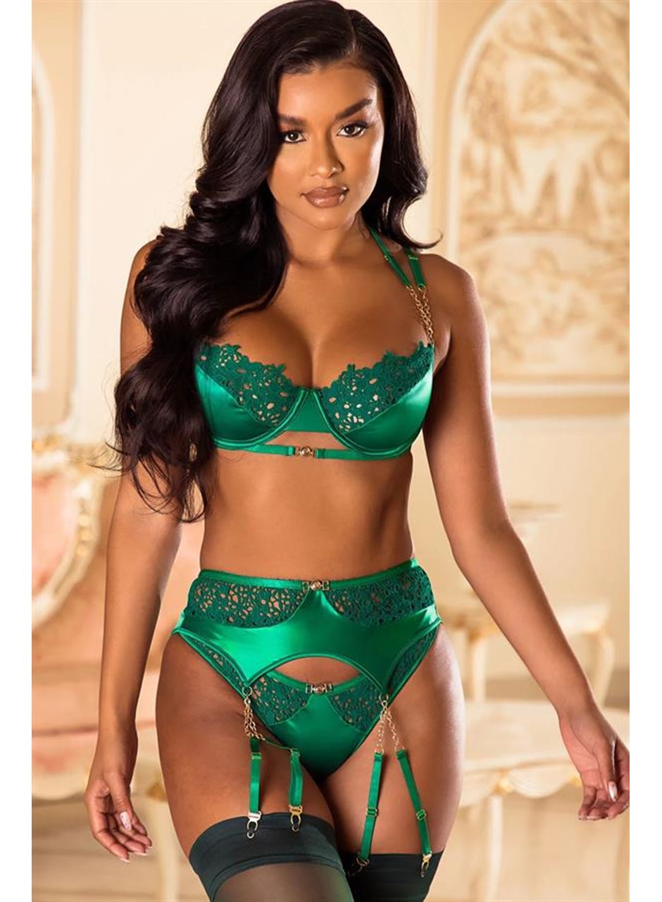 Yeşil Dantel İşlemeli Zincir Detaylı Fantezi Jartiyer Takımı