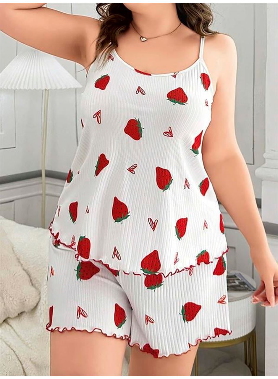 Büyük Beden Çilek Desen Pamuklu Şortlu Pijama Takımı