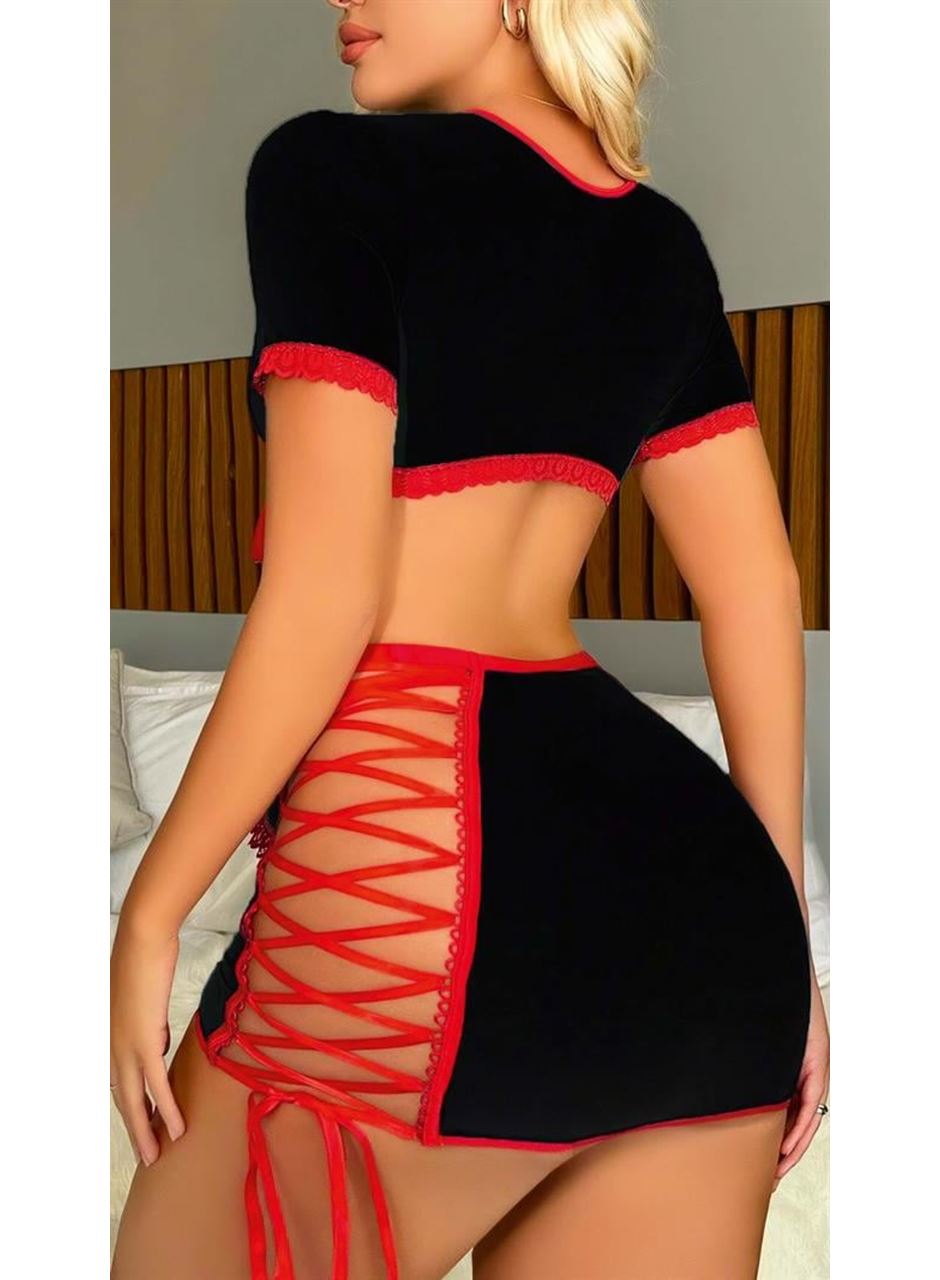 Siyah Kenarları İp Detaylı Fantezi Hemşire Kostüm