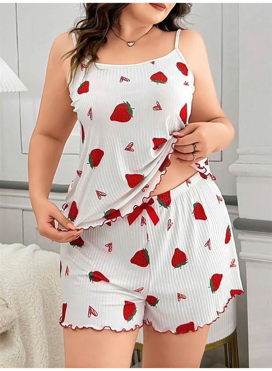 Büyük Beden Çilek Desen Pamuklu Şortlu Pijama Takımı