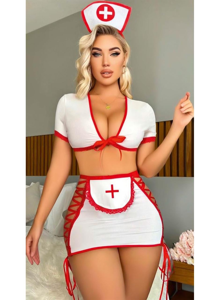Beyaz Kenarları İp Detaylı Fantezi Hemşire Kostüm