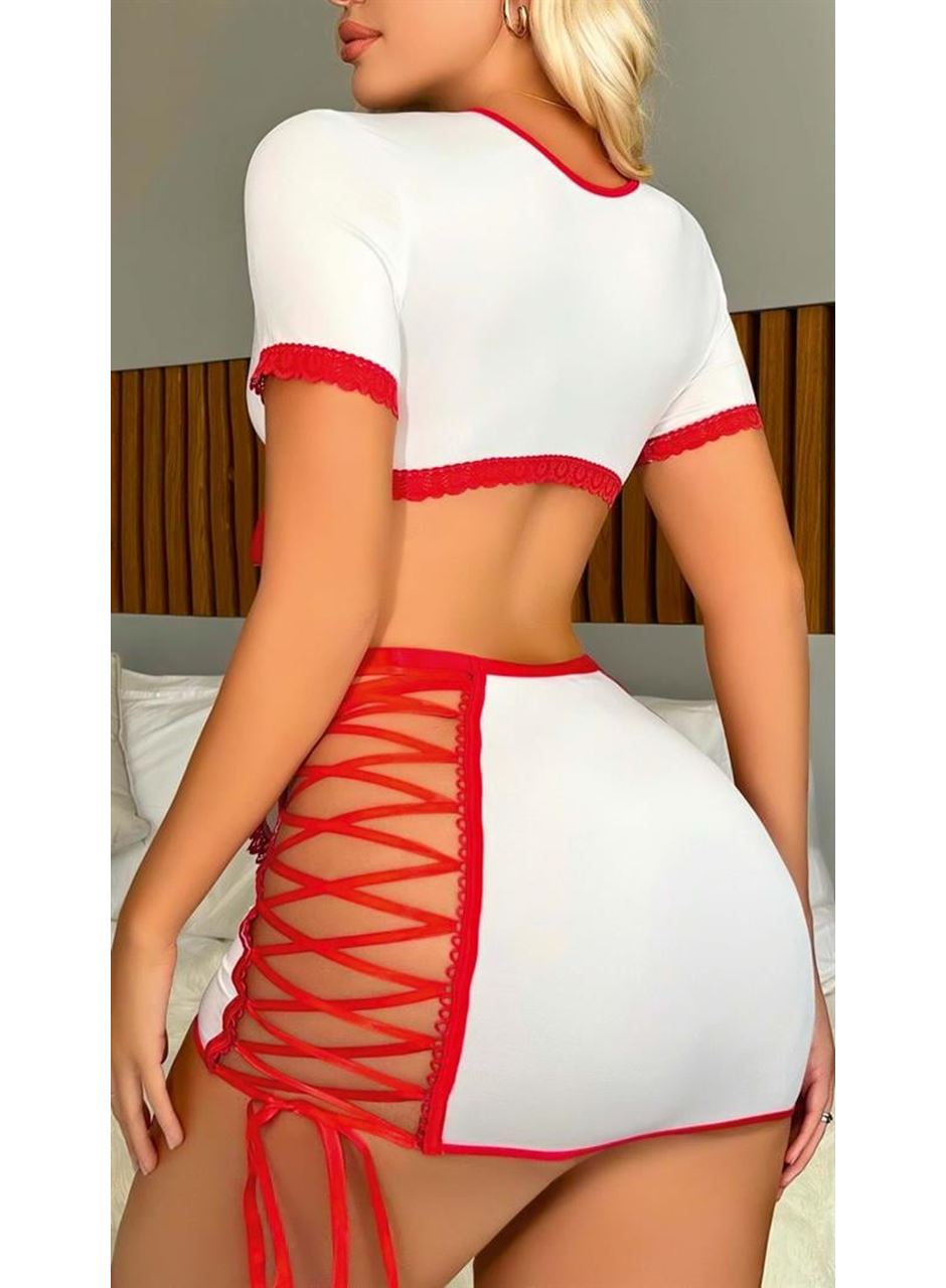 Beyaz Kenarları İp Detaylı Fantezi Hemşire Kostüm