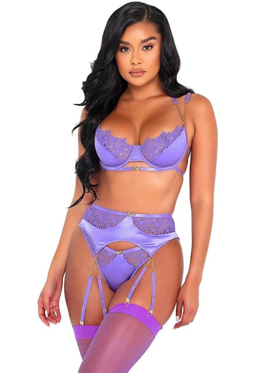 Mor Dantel İşlemeli Zincir Detaylı Fantezi Jartiyer Takımı