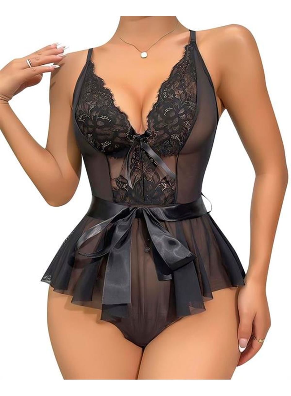 Siyah Dantel İşlemeli Kurdelalı Fantezi Tül Babydoll