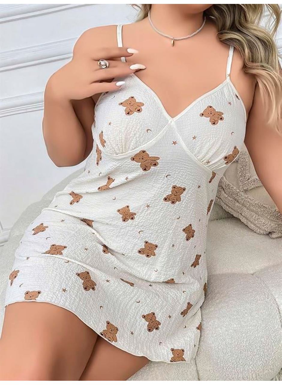 Büyük Beden Ayıcık Desenli Pamuklu İnce Askılı Mini Gecelik