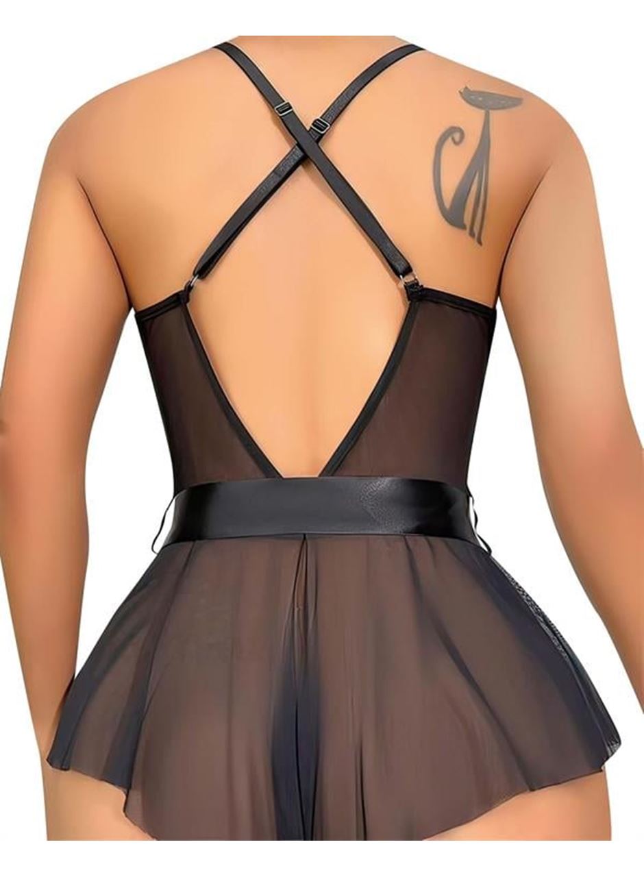 Siyah Dantel İşlemeli Kurdelalı Fantezi Tül Babydoll