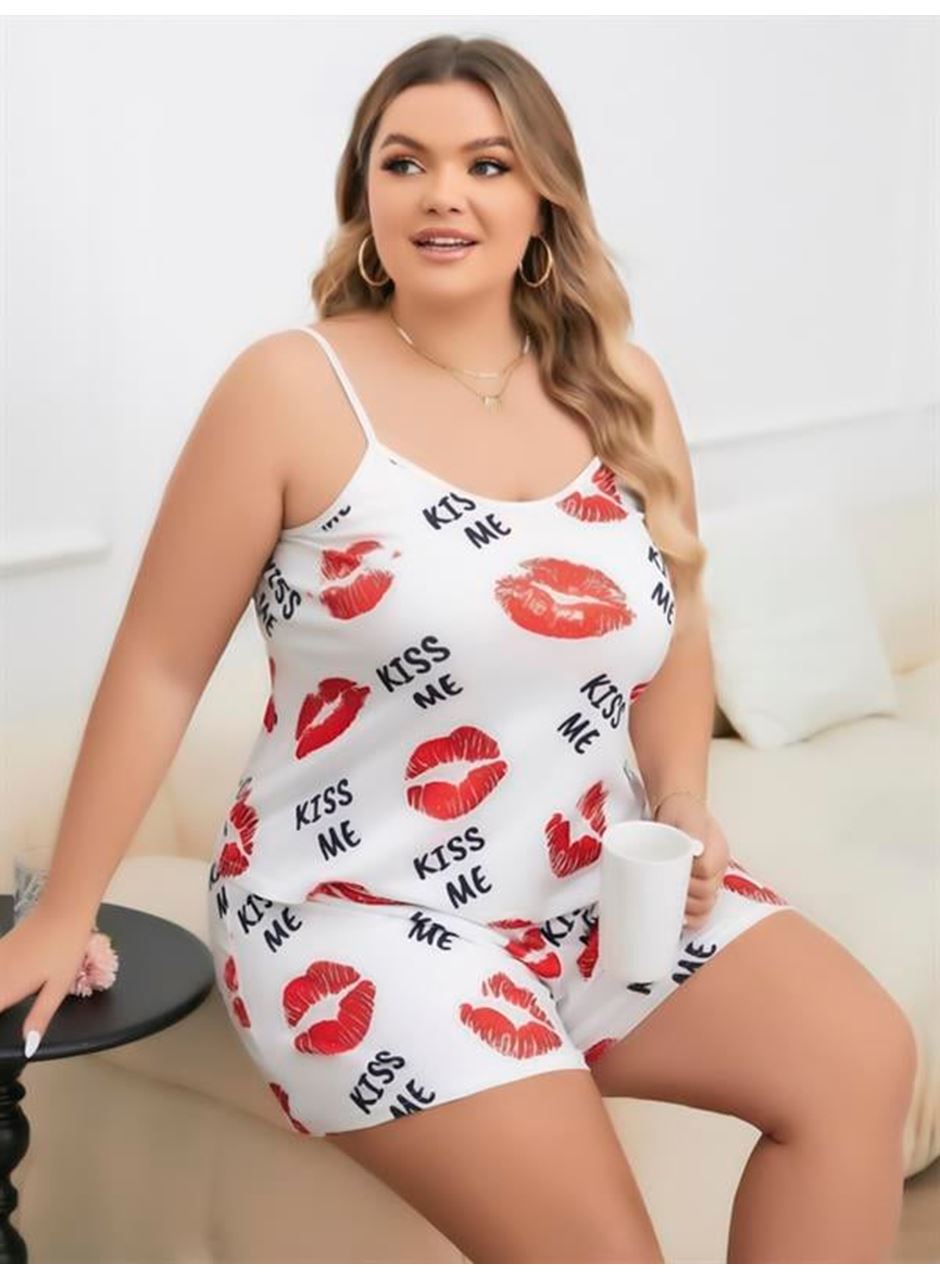 Büyük Beden Kiss Me Öpücük Desen Pamuklu Şortlu Pijama Takımı
