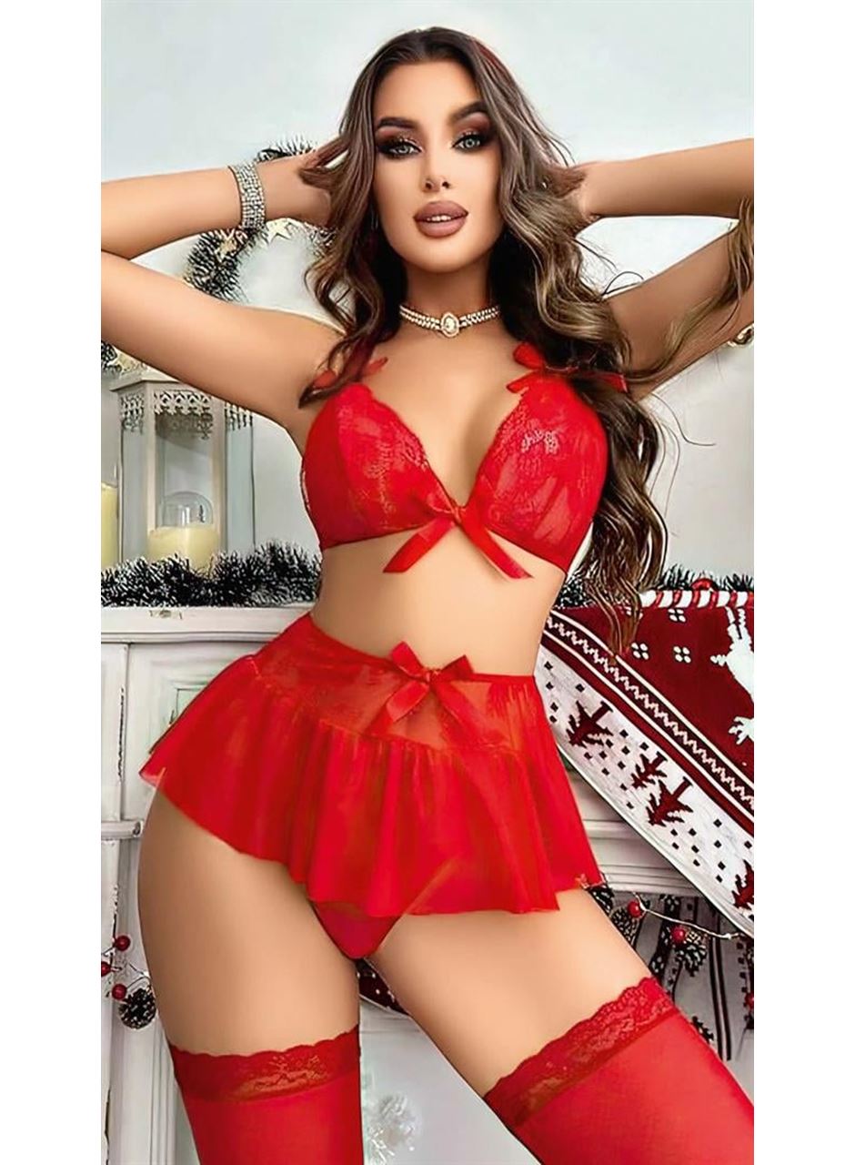 Kırmızı Dantel İşlemeli Etekli Sütyen Fantezi Takım