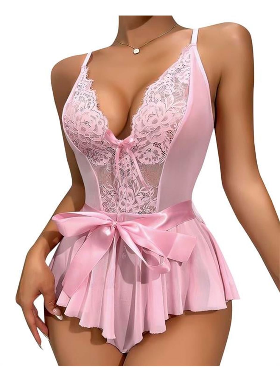 Pembe Dantel İşlemeli Kurdelalı Fantezi Tül Babydoll