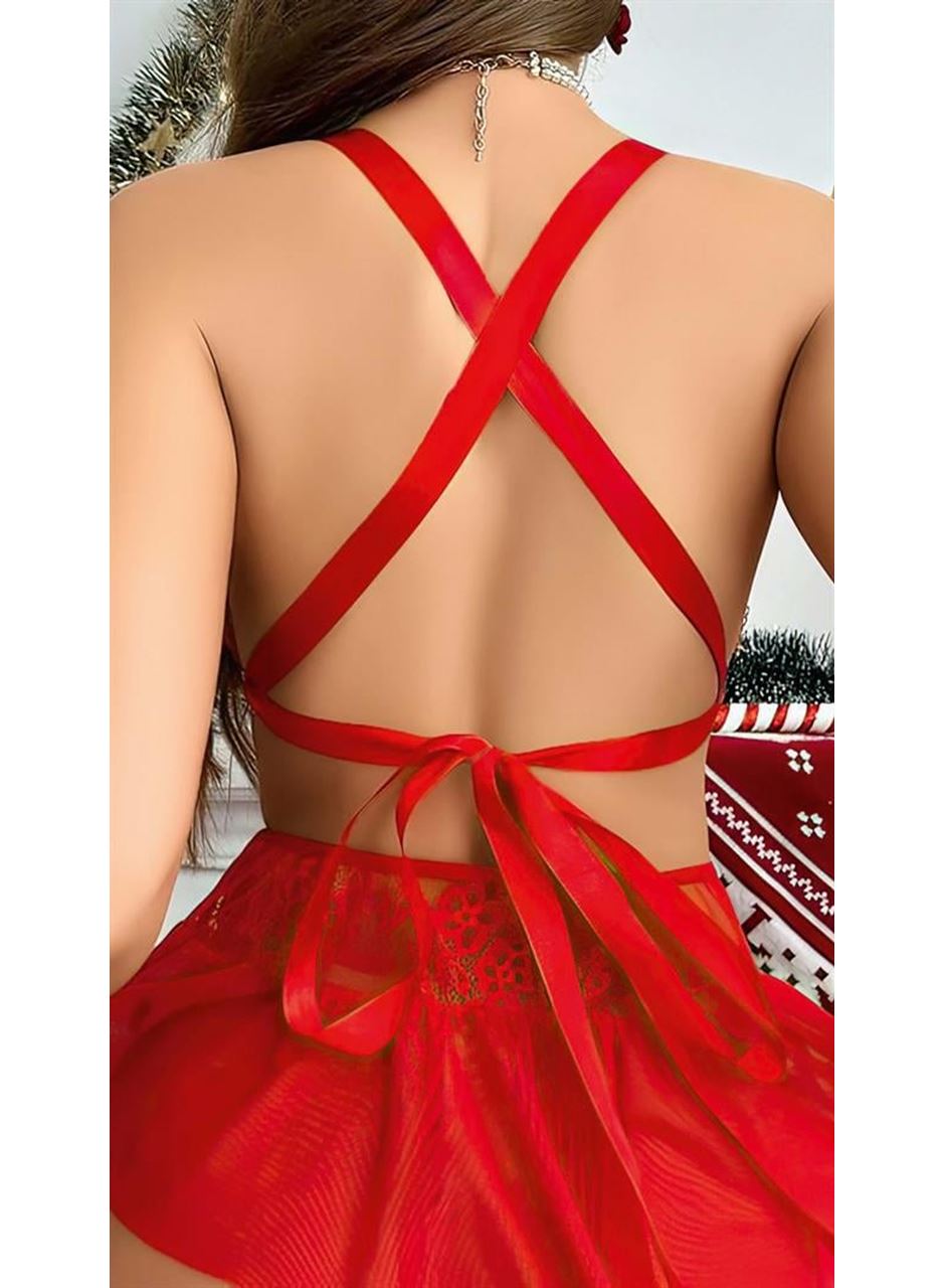 Kırmızı Dantel İşlemeli Etekli Sütyen Fantezi Takım